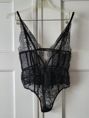 Victoria's Secret Black Lace Mesh Teddy Lingerie Sheer Size Medium
